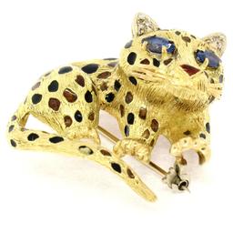 Vintage Textured 18K Yellow Gold Sapphire Leopard Brooch Pin Black Orange Enamel