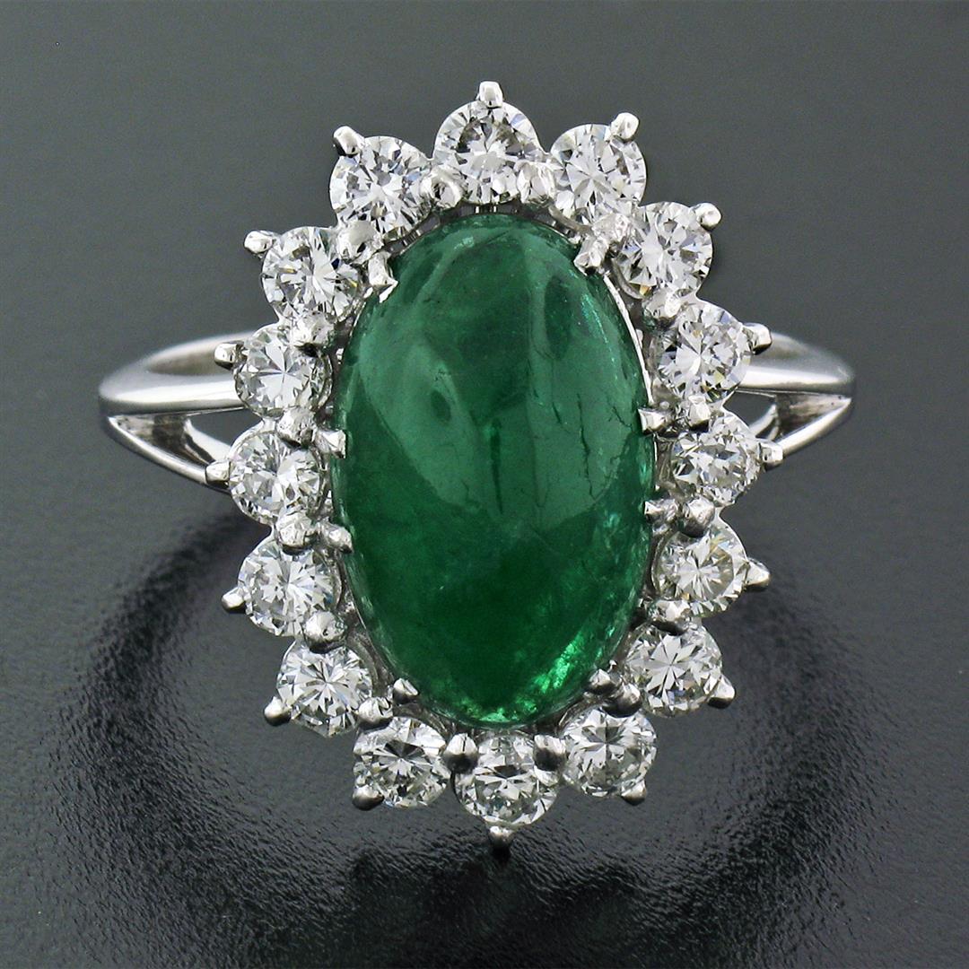 French 18K Gold Platinum 6.21 ctw GIA Cabochon Emerald Diamond Halo Cocktail Rin