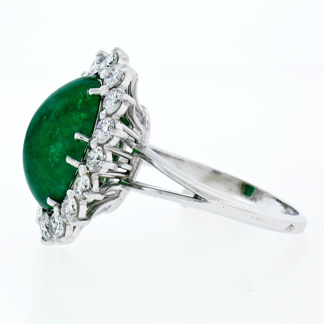 French 18K Gold Platinum 6.21 ctw GIA Cabochon Emerald Diamond Halo Cocktail Rin