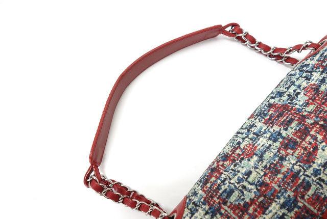 Chanel Red Leather Blue Multicolor Tweed Shoulder Bag