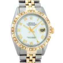 Rolex Mens 2 Tone Yellow Gold And Stainless Steel White Roman Datejust Wristwatc
