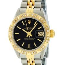 Rolex Ladies 2T Yellow Gold & Stainless Steel Black Index & Pyramid Diamond Wris