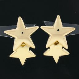 Estate 18k Yellow Gold Puffed & Polished Dual Star Drop Dangle Enhancer Earrings