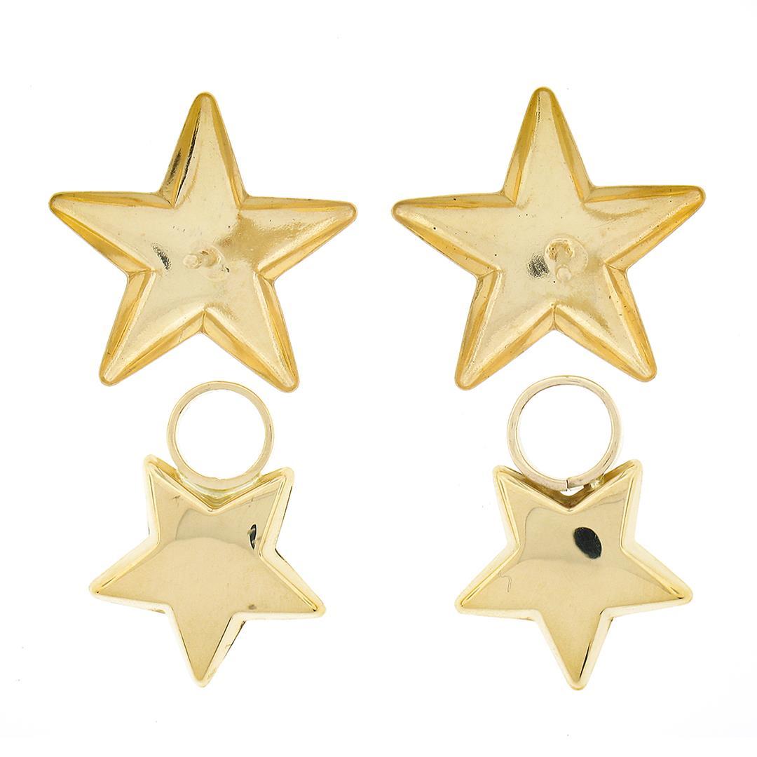 Estate 18k Yellow Gold Puffed & Polished Dual Star Drop Dangle Enhancer Earrings