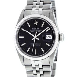 Rolex Mens Stainless Steel Black Index 36mm 14K Gold Fluted Bezel Datejust Wrist