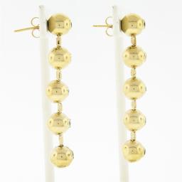 Vintage 14K Gold.6 ctw Bezel Diamond Polished Bead Ball Long Drop Dangle Earring