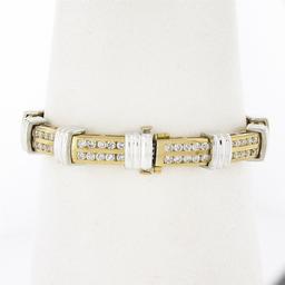 14K TT Gold 3.50 ctw Round Dual Channel Set Diamond & Grooved Link Tennis Bracel