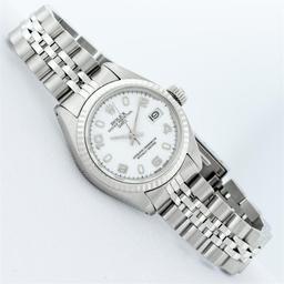 Rolex Ladies Stainless Steel White Dial White Gold Fluted Bezel Wristwatch