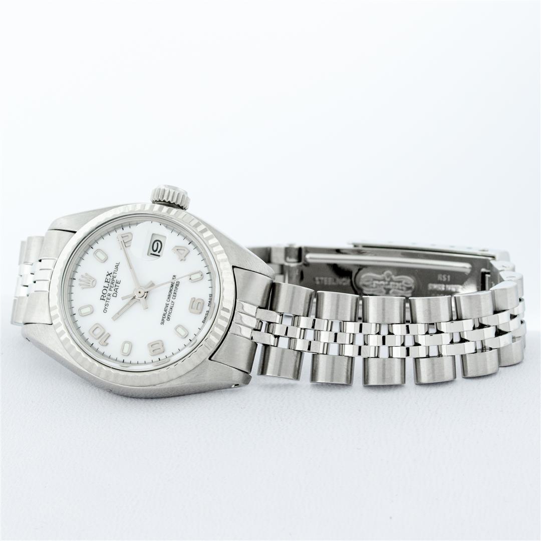 Rolex Ladies Stainless Steel White Dial White Gold Fluted Bezel Wristwatch