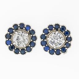 New 14k White Gold 1.51 ctw Diamond Sapphire Halo Milgrain Flower Cluster Earrin