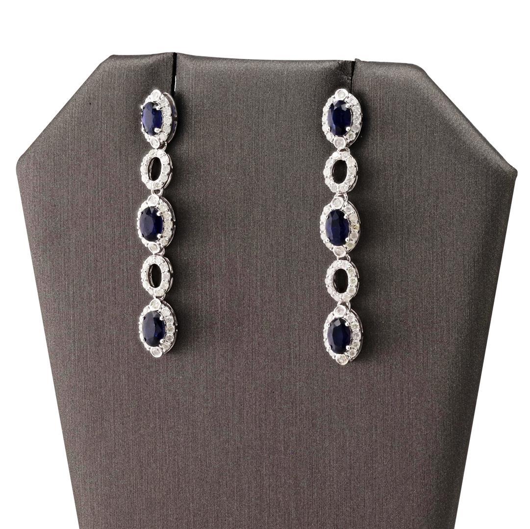 3.17 ctw Blue Sapphire and 1.42 ctw Diamond 14K White Gold Earrings