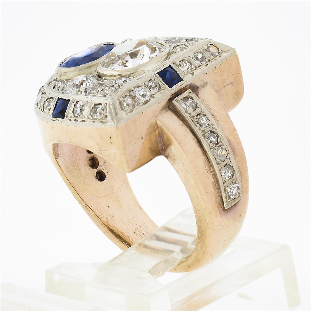 Antique Retro 14K Gold 3.65 ctw Bezel GIA Cushion Diamond & Sapphire Cocktail Ri