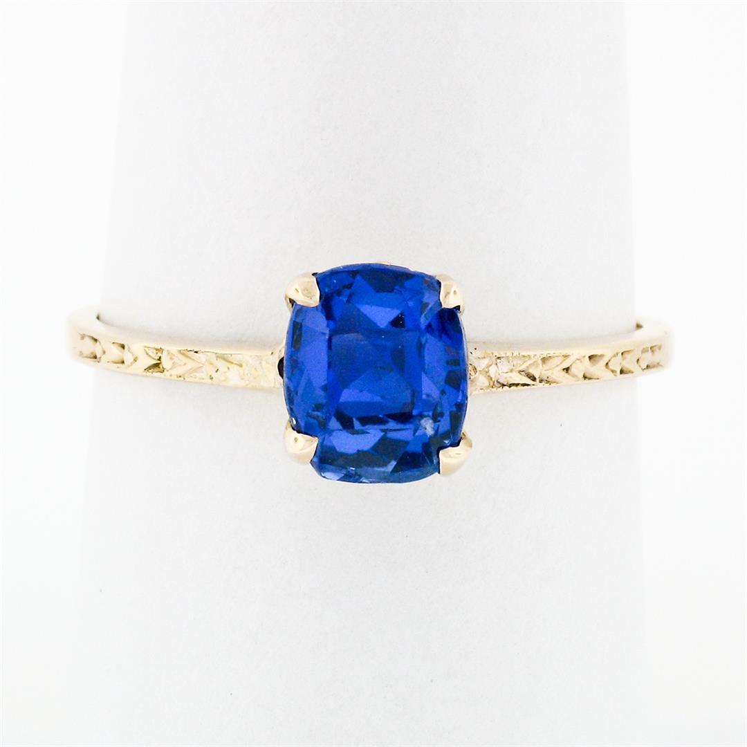 Antique 14k Gold GIA 1.95 ctw NO HEAT Cushion Blue Ceylon Sapphire Solitaire Rin