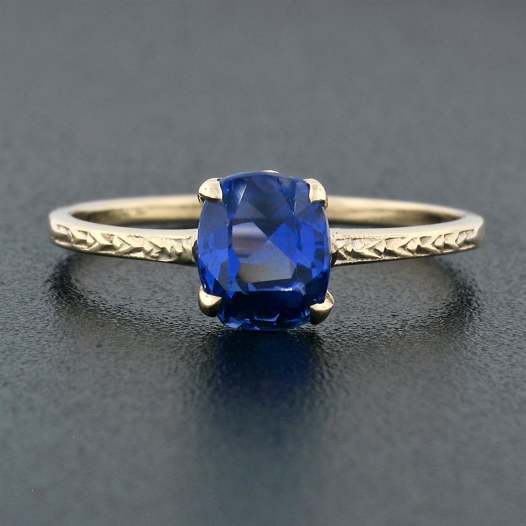 Antique 14k Gold GIA 1.95 ctw NO HEAT Cushion Blue Ceylon Sapphire Solitaire Rin