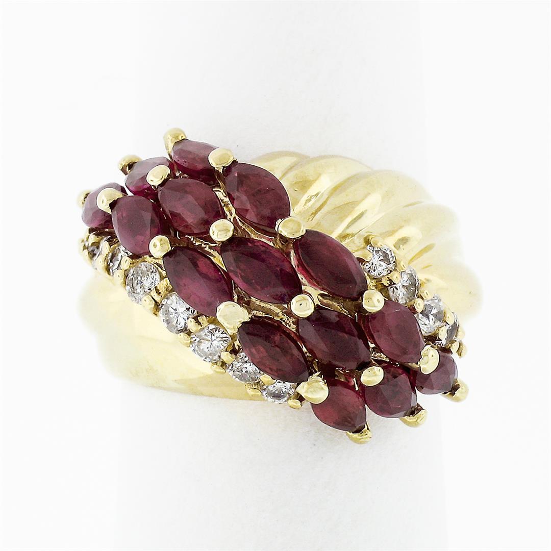 Vintage 14k Yellow Gold 3.32 ctw Marquise Blood Red Ruby Round Diamond Band Ring