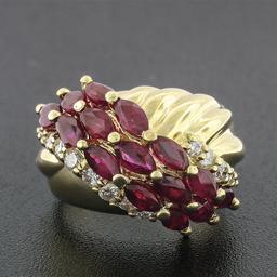 Vintage 14k Yellow Gold 3.32 ctw Marquise Blood Red Ruby Round Diamond Band Ring