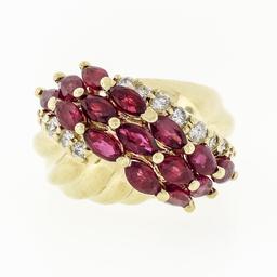 Vintage 14k Yellow Gold 3.32 ctw Marquise Blood Red Ruby Round Diamond Band Ring