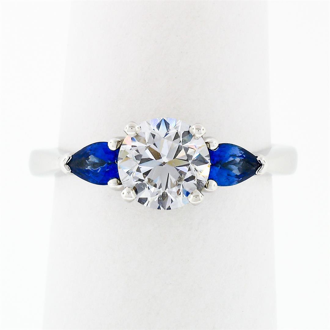 NEW 14k White Gold 1.47 ctw GIA Round Diamond & Sapphire 3 Stone Engagement Ring