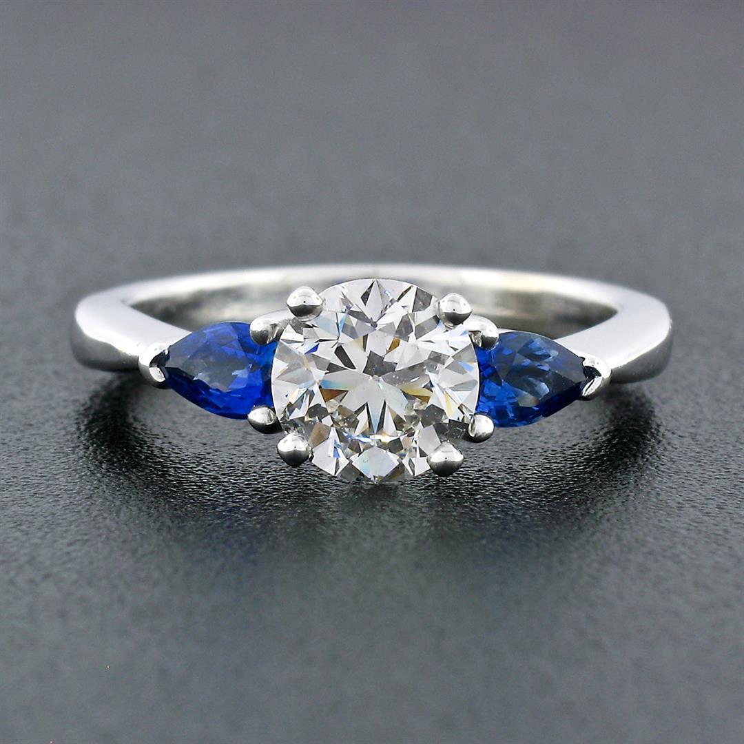 NEW 14k White Gold 1.47 ctw GIA Round Diamond & Sapphire 3 Stone Engagement Ring