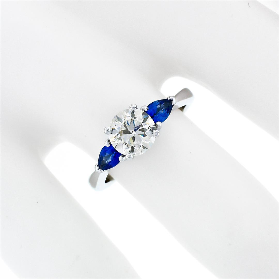 NEW 14k White Gold 1.47 ctw GIA Round Diamond & Sapphire 3 Stone Engagement Ring