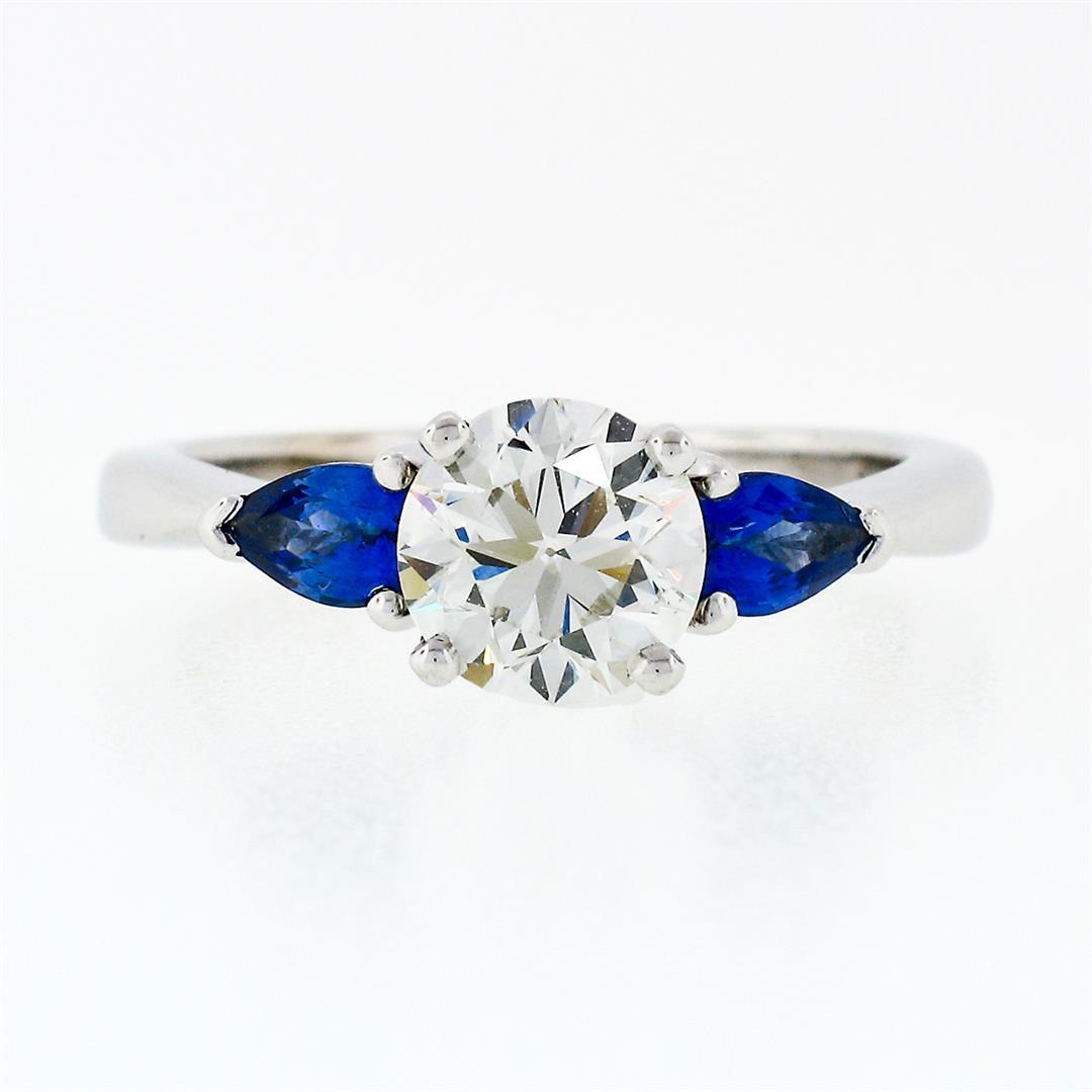 NEW 14k White Gold 1.47 ctw GIA Round Diamond & Sapphire 3 Stone Engagement Ring