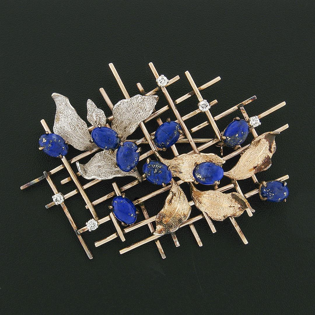 Vintage 14K Multi Tone Gold Blue Lapis & Diamond Textured Leaves Grid Brooch Pin