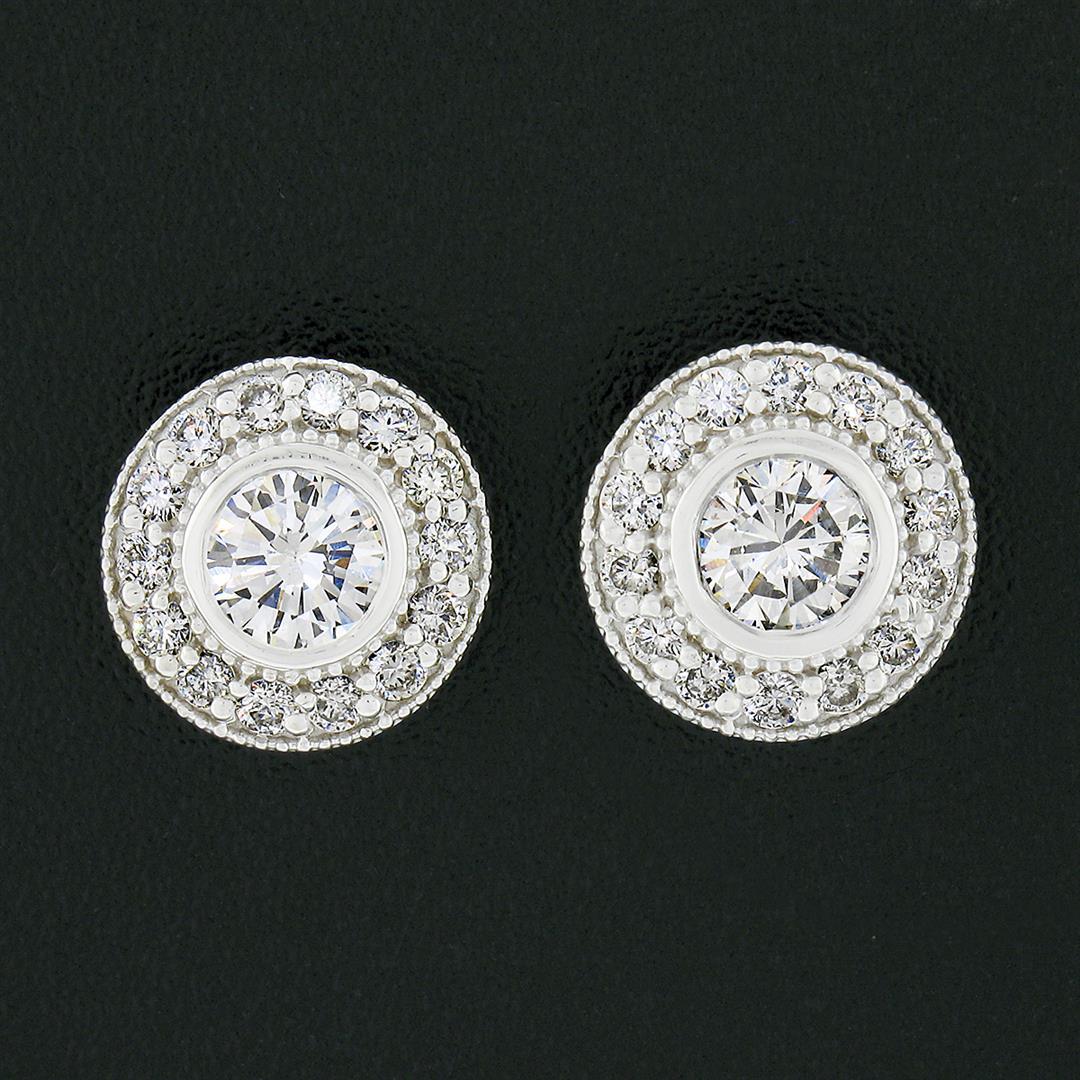 NEW 14k White Gold 0.83 ctw Round Bezel Diamond w/ Halo & Milgrain Stud Earrings