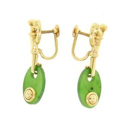 Estate 14k Yellow Gold Oval Disk Jade Screw On Drop Dangle Earrings