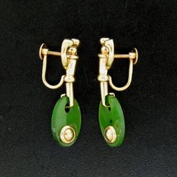 Estate 14k Yellow Gold Oval Disk Jade Screw On Drop Dangle Earrings