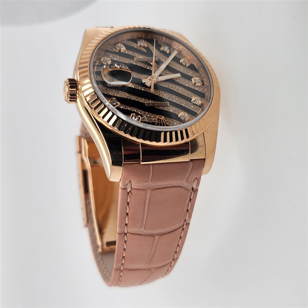 Rolex Zebra Pave Rose Gold Genuine Alligator Leather Wristwatch