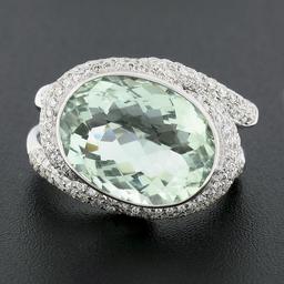18K White Gold Oval Bezel Prasiolite Quartz & Pave Diamond Twisted Cocktail Ring