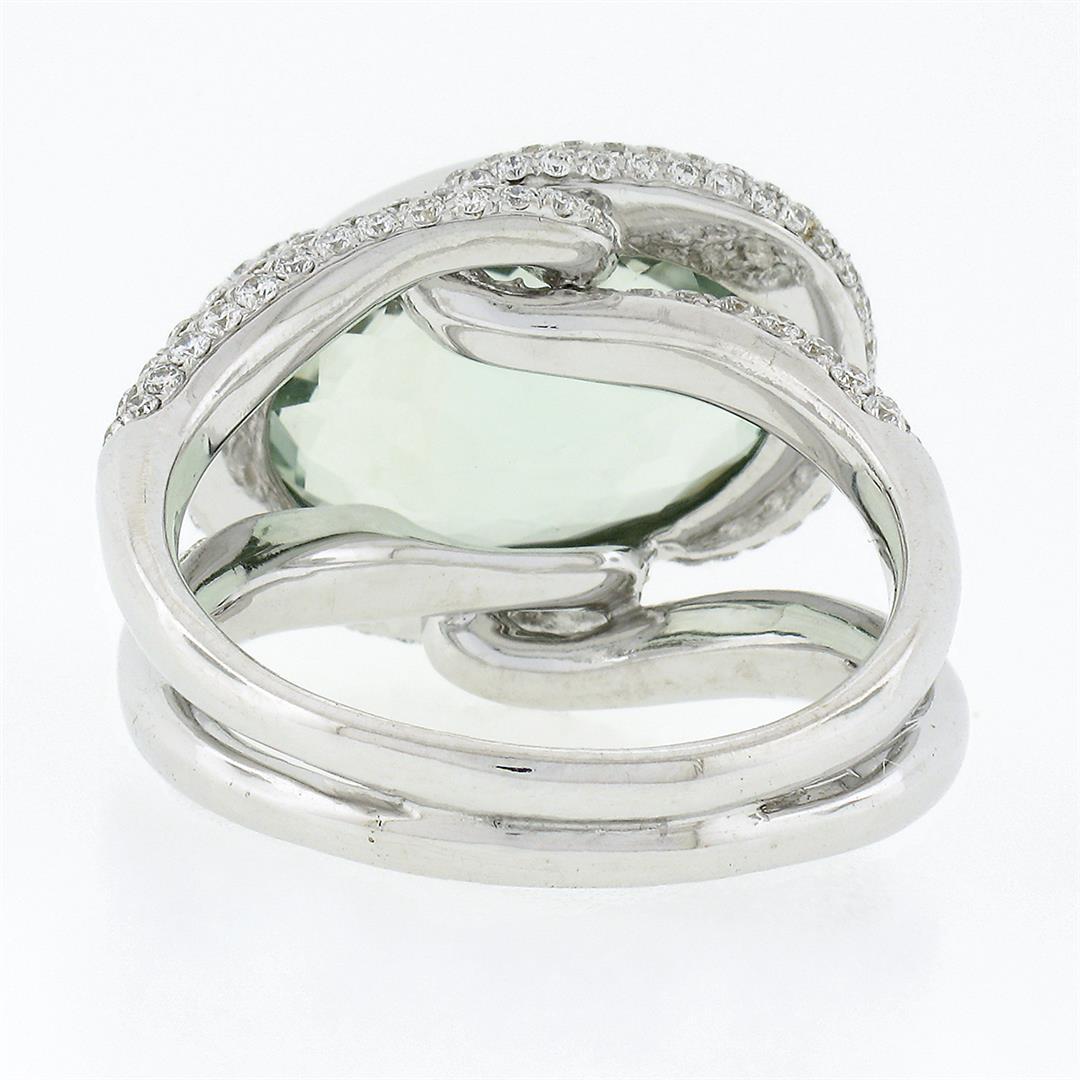 18K White Gold Oval Bezel Prasiolite Quartz & Pave Diamond Twisted Cocktail Ring