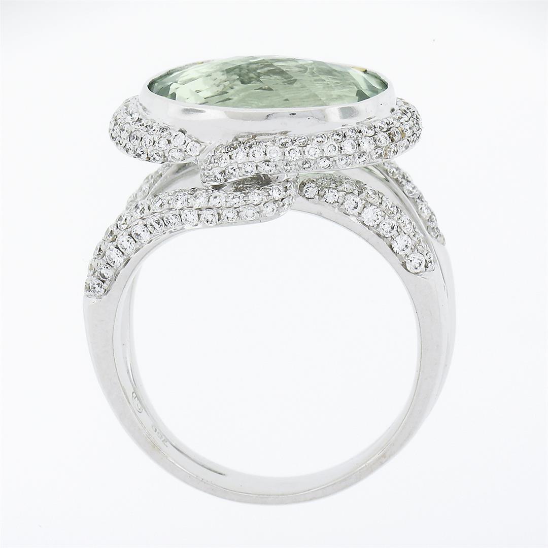 18K White Gold Oval Bezel Prasiolite Quartz & Pave Diamond Twisted Cocktail Ring