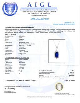 7.90 ctw Tanzanite and 0.95 ctw Diamond Platinum Pendant (GIA CERTIFIED)