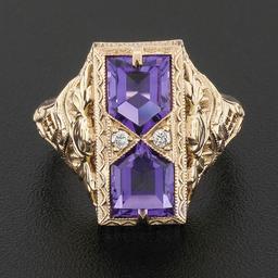 14K Rose Gold 1.80 ctw Amethyst W/ Diamond & Filigree Milgrain Etched Dinner Rin