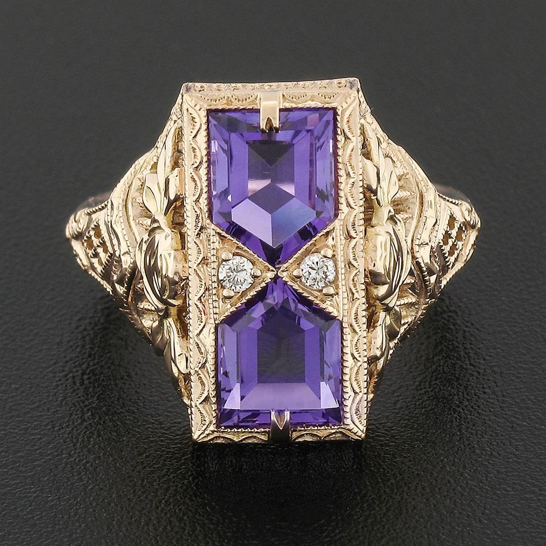 14K Rose Gold 1.80 ctw Amethyst W/ Diamond & Filigree Milgrain Etched Dinner Rin