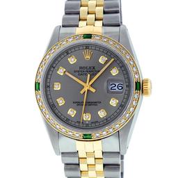 Rolex Mens Two Tone Slate Grey Diamodn And Emerald Datejust Wristwatch