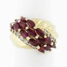 Vintage 14k Yellow Gold 3.32 ctw Marquise Blood Red Ruby Round Diamond Band Ring