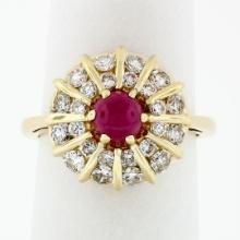 14k Gold 1.67 ctw Cabochon Ruby & Dual Round Channel Diamond Platter Cocktail Ri