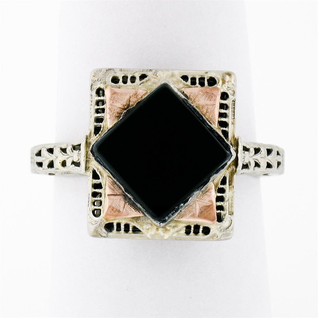 Antique Art Deco 14K White & Rose Gold Black Onyx Etched Milgrain Filigree Ring