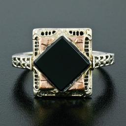 Antique Art Deco 14K White & Rose Gold Black Onyx Etched Milgrain Filigree Ring