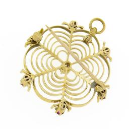 Antique Victorian 14k Gold Diamond Red Stone Spider Web Open Brooch Pin Pendant