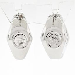 New Italian Unique 14K White Gold Puffed Geometric Marquise Snap Huggie Earrings