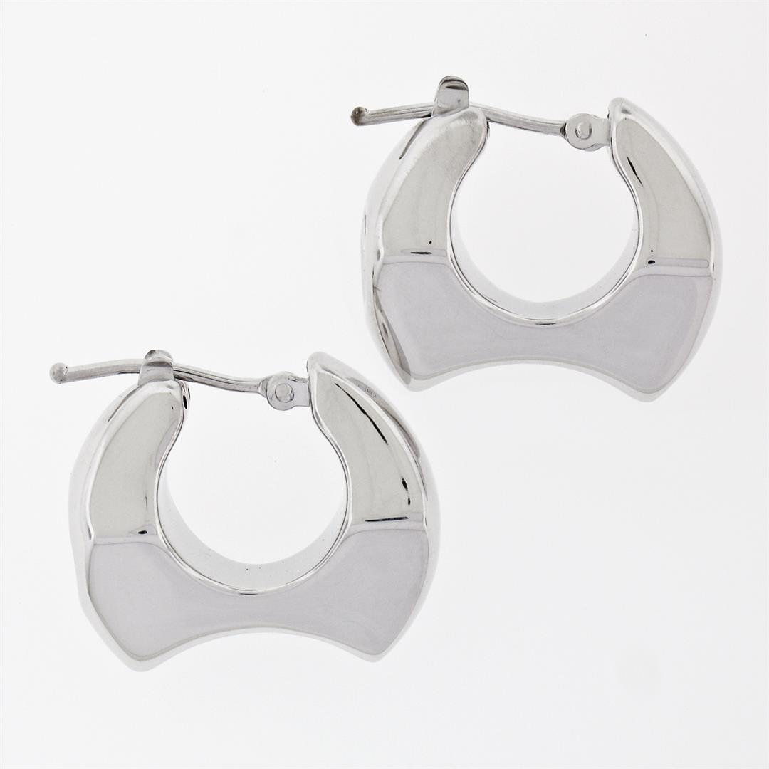 New Italian Unique 14K White Gold Puffed Geometric Marquise Snap Huggie Earrings