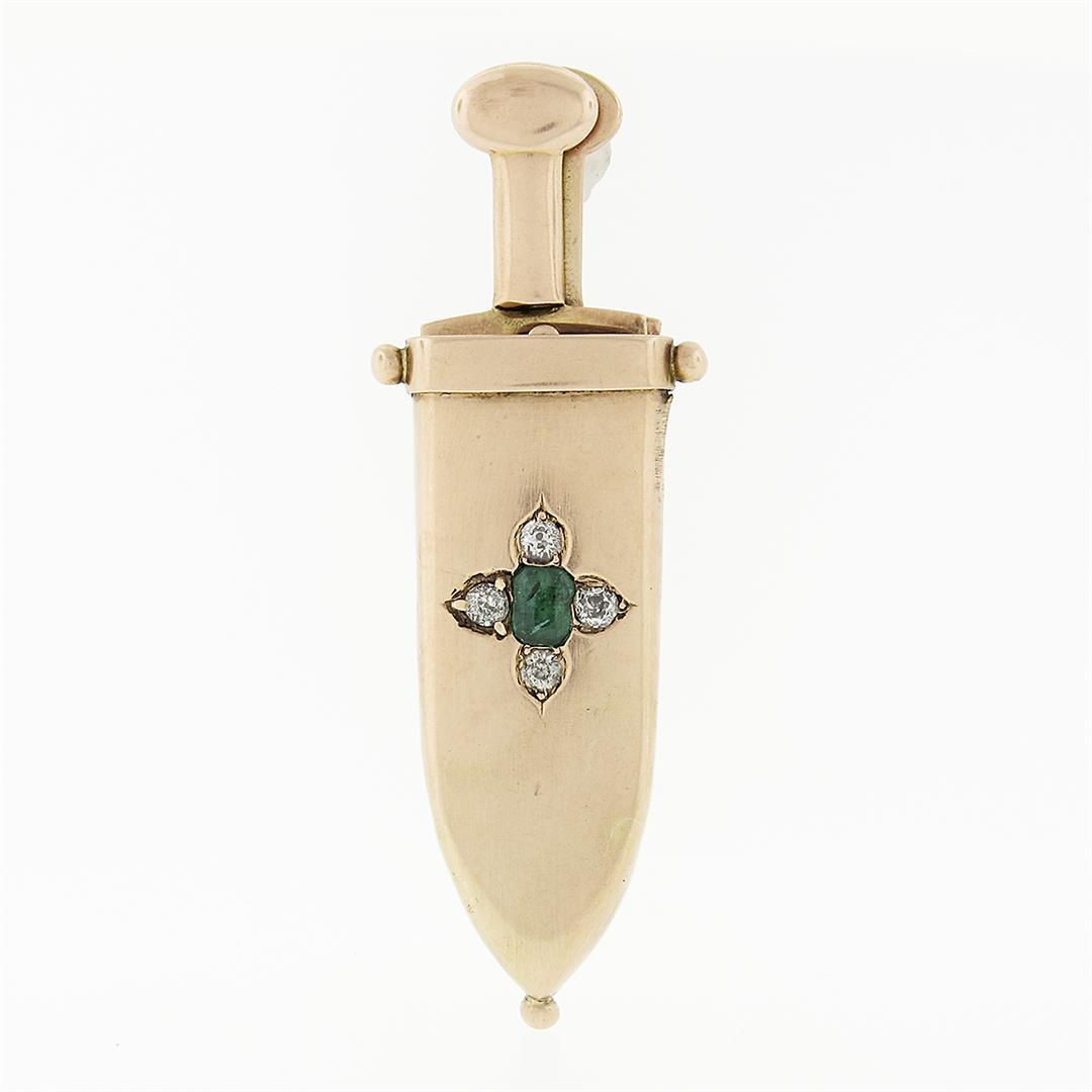 Early Victorian 14k Gold Emerald Mine Diamond Sword Cigar Cutter Brooch Pin