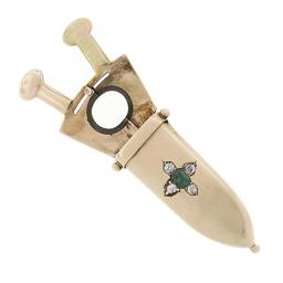 Early Victorian 14k Gold Emerald Mine Diamond Sword Cigar Cutter Brooch Pin