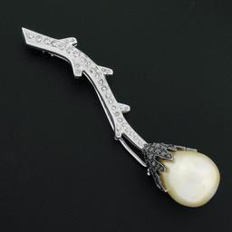 18k White Gold South Sea Pearl w/ 2.48 ctw White & Black Diamond Flower Brooch P