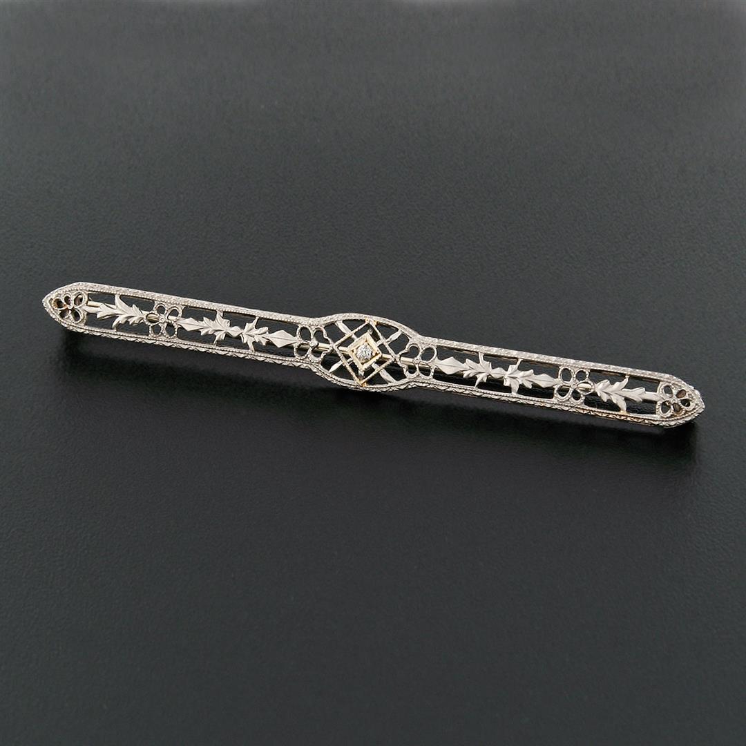 Antique Art Deco 14k White Gold Mine Cut Diamond Open Filigree Bar Pin Brooch