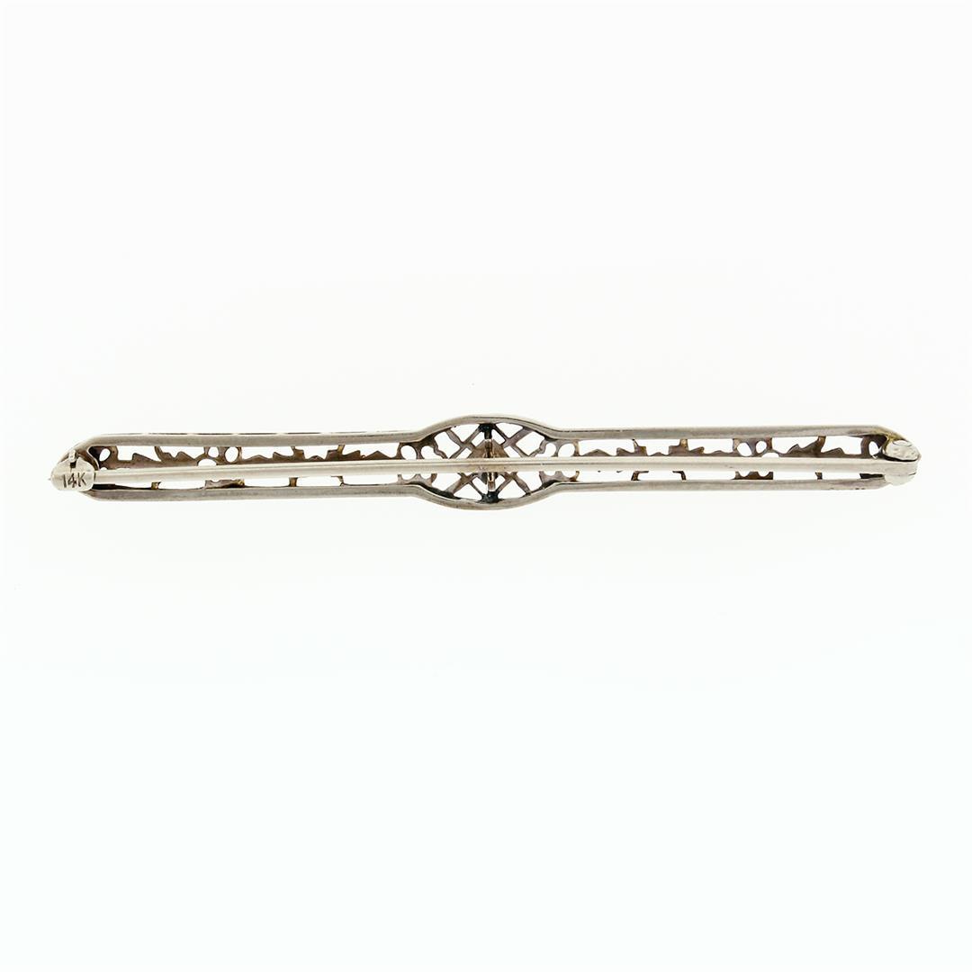 Antique Art Deco 14k White Gold Mine Cut Diamond Open Filigree Bar Pin Brooch