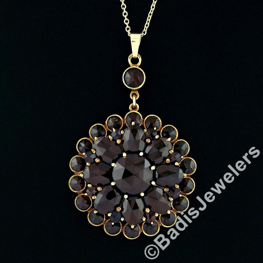 Antique Victorian 10k Gold Rose Cut Red Garnet Milgrain Flower Pendant Necklace